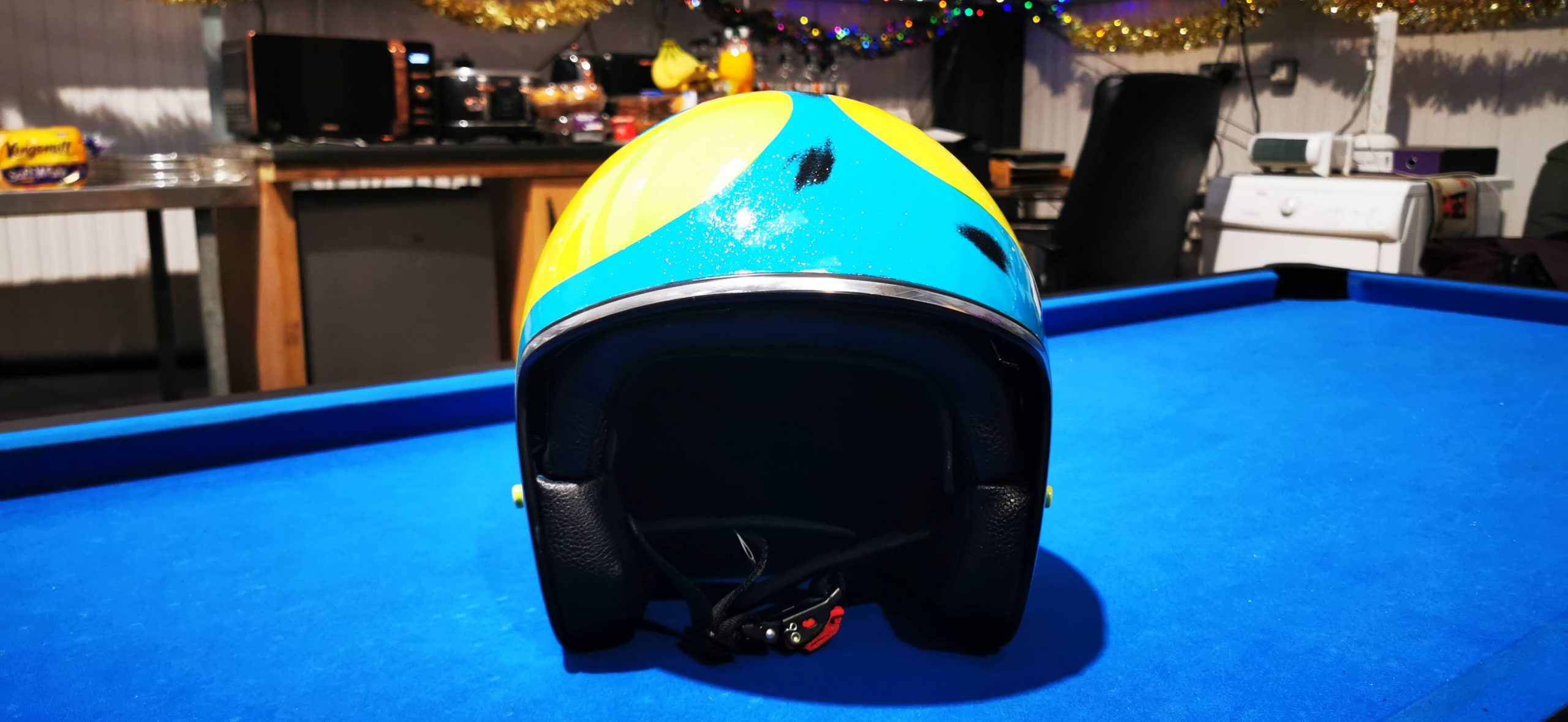 front view of blue helmet