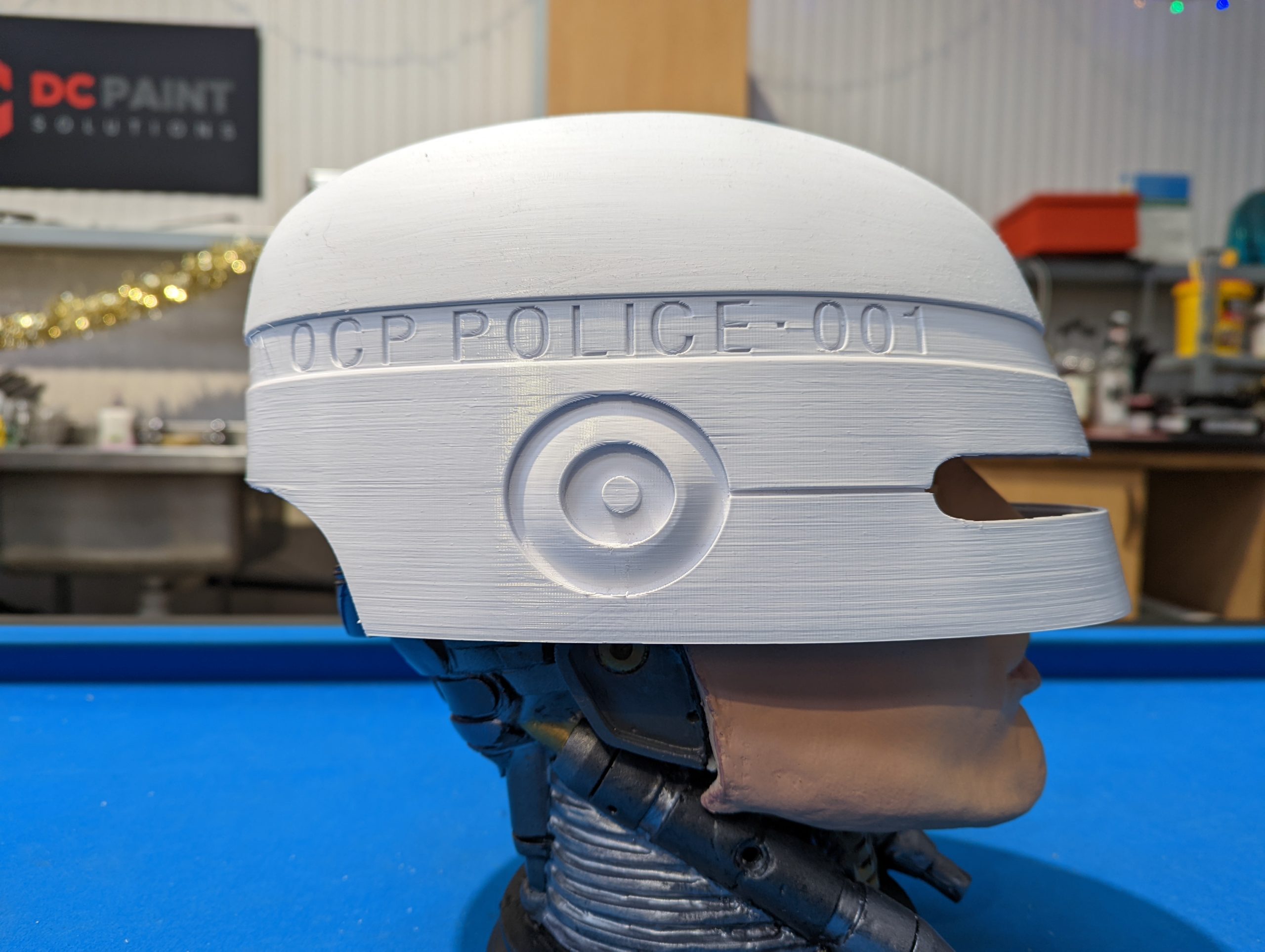 side view of helmet ontop of head